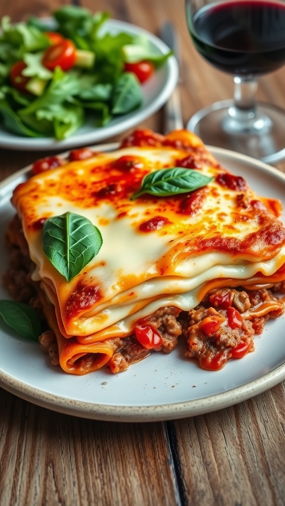 A delicious baked lasagna with melted cheese and basil on a wooden table.